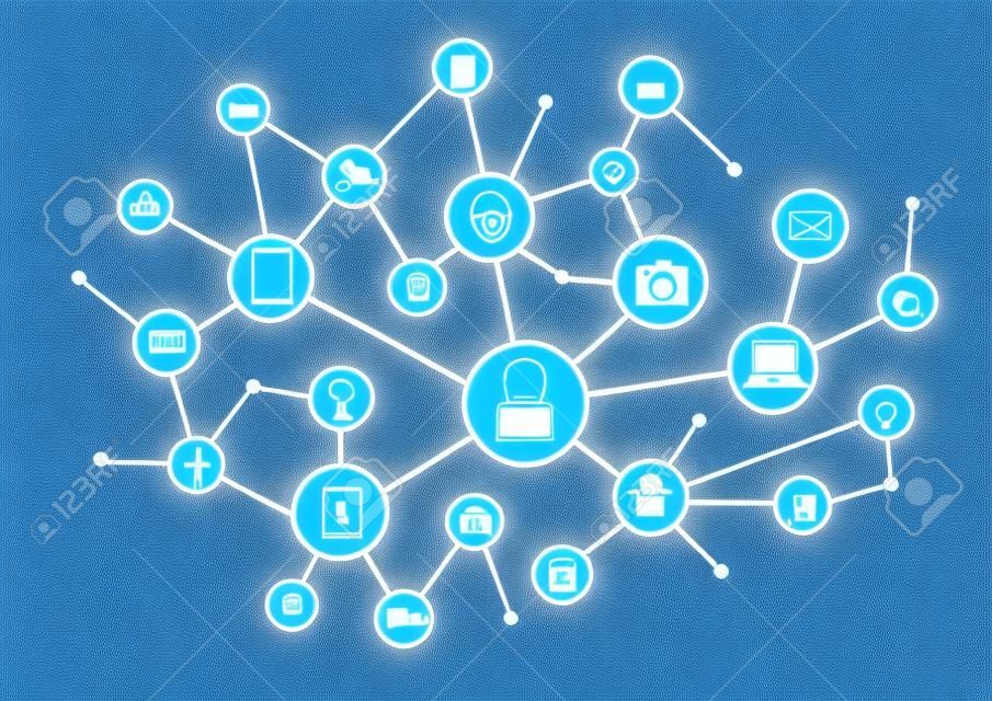 Internet das Coisas IoT e conceito de rede para dispositivos conectados. Teia de aranha de conexões de rede com fundo azul turvo
