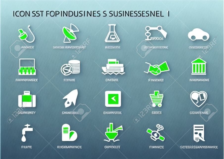 Business-Icons und Symbole der verschiedenen Branchen Branchen wie Finanzdienstleistungsindustrie, Automotive, Life Sciences, Ressourcen Industrie, Unterhaltungsindustrie und High Tech