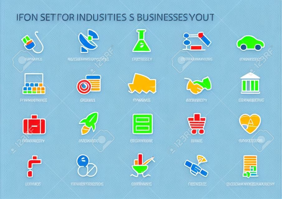 Icone di affari e simboli di varie industrie settori di business quale l'industria dei servizi finanziari, automotive, scienze della vita, Risorse Industria, Entertainment Industry e High Tech