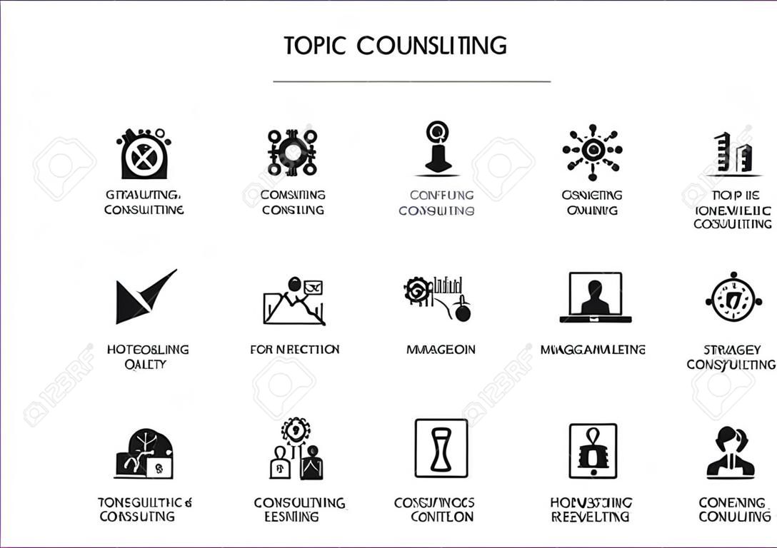 Vector set di icone per argomento consulenza. Vari simboli per consulenza strategica, consulenza IT, consulenza aziendale e consulenze amministrative