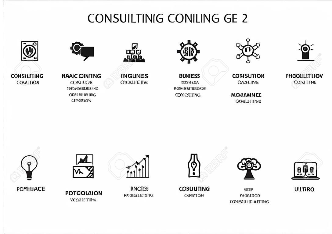 Vector icon set for topic consulting. Various symbols for strategy consulting, IT consulting, business consulting and management consulting