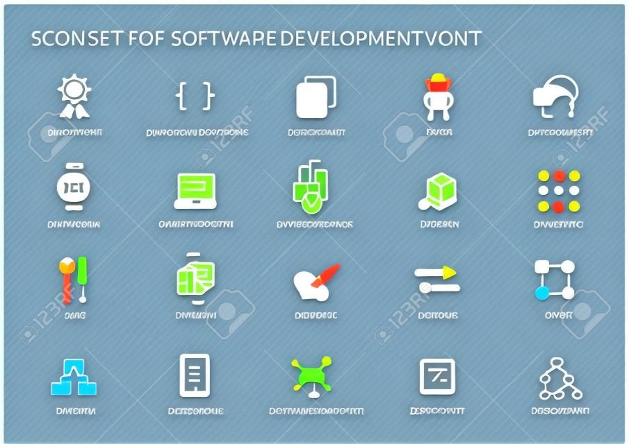 Szoftverfejlesztés ikon készlet. szimbólumok használhatók szoftverfejlesztés és informatikai