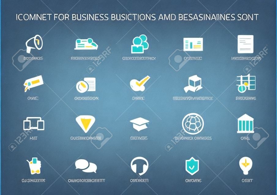 Várias funções de negócios e ícones de vetor de departamento de negócios como vendas, marketing, RH, R & D, compras, contabilidade e operações.