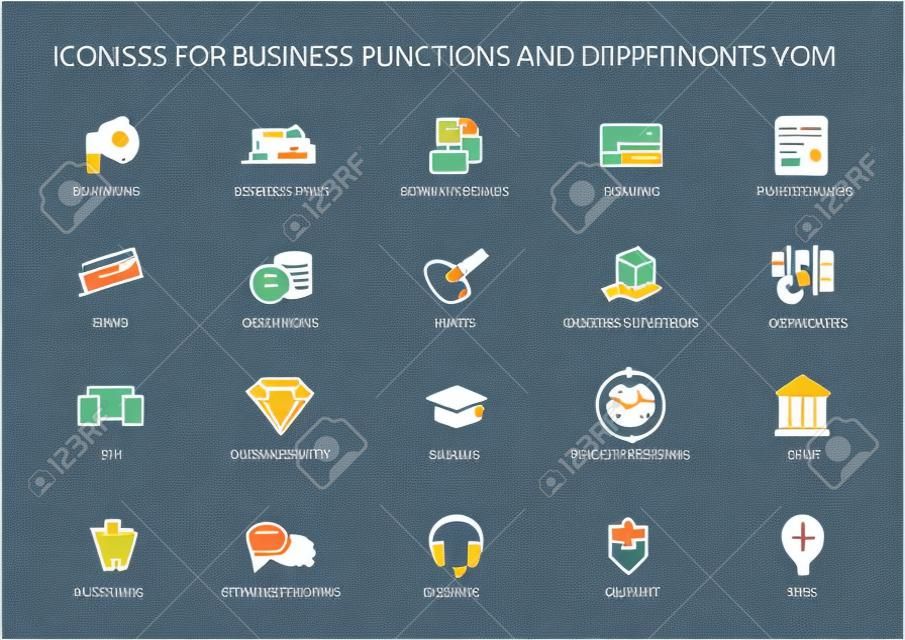 Различные бизнес-функции и векторные иконки бизнес-отдела, такие как продажи, маркетинг, HR, R & D, покупка, учет и операции.
