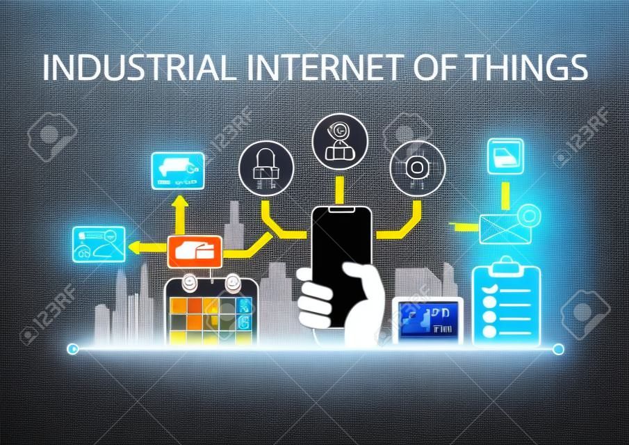 Industrielles Internet-of-Things-Konzept mit Hand, die ein modernes lünettenfreies Smartphone hält