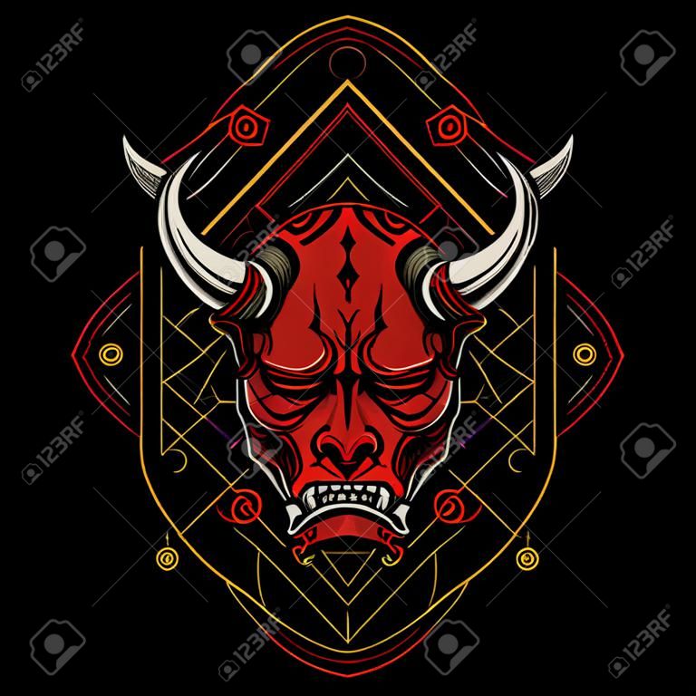Devil mask with sacred geometry ornament and black background for t-shirt design