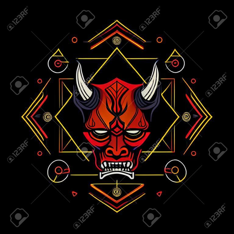 Devil mask with sacred geometry ornament and black background for t-shirt design