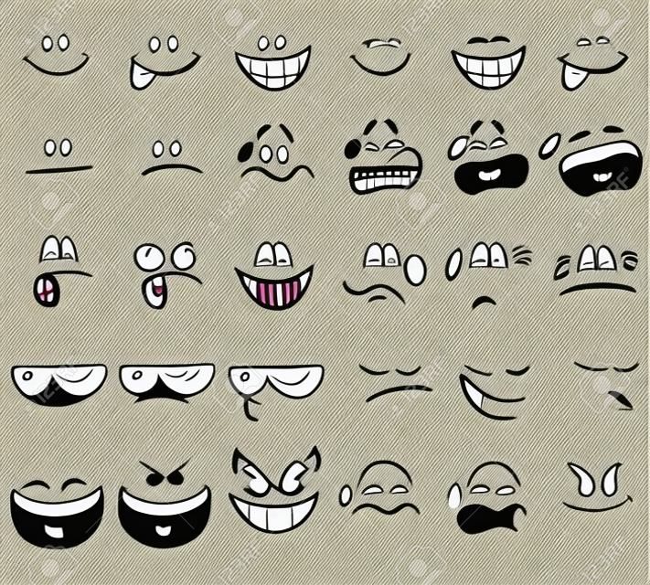 Ilustração vetorial de expressões faciais de desenhos animados no estilo doodle