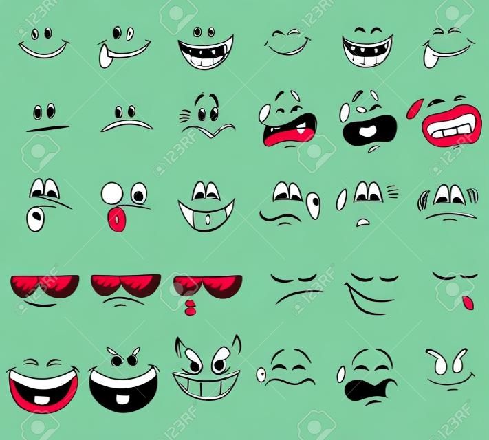 Ilustração vetorial de expressões faciais de desenhos animados no estilo doodle