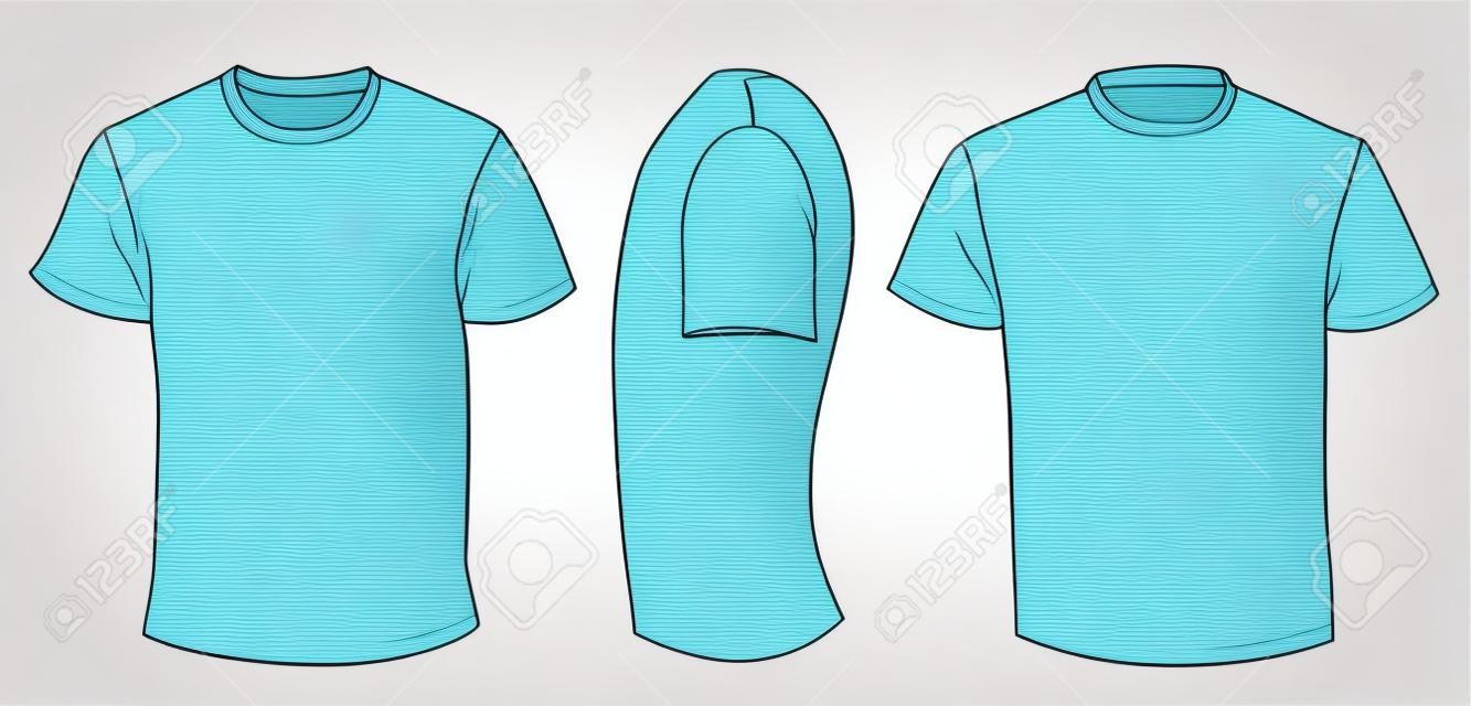 boş, mavi erkek t-shirt şablon ön, yan ve arka tasarım vektör illüstrasyon beyaz izole