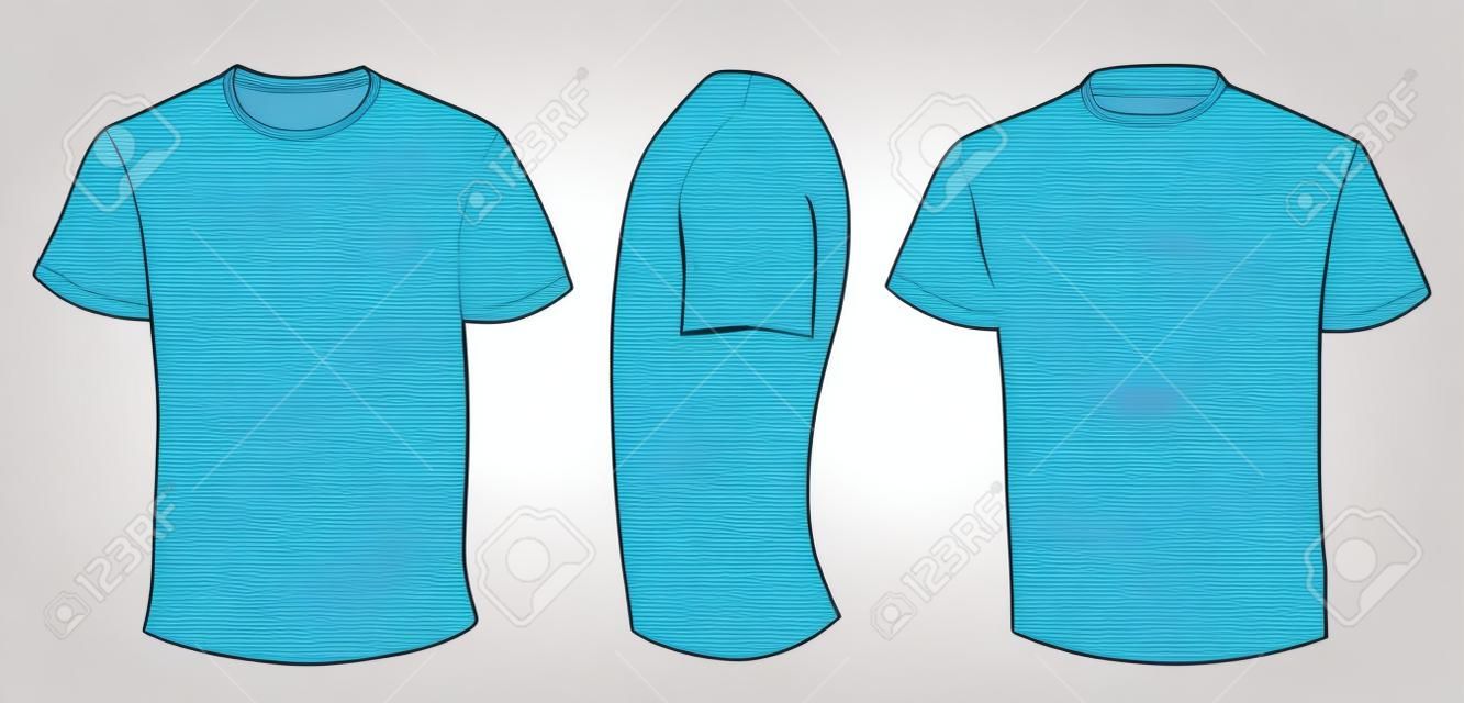 boş, mavi erkek t-shirt şablon ön, yan ve arka tasarım vektör illüstrasyon beyaz izole