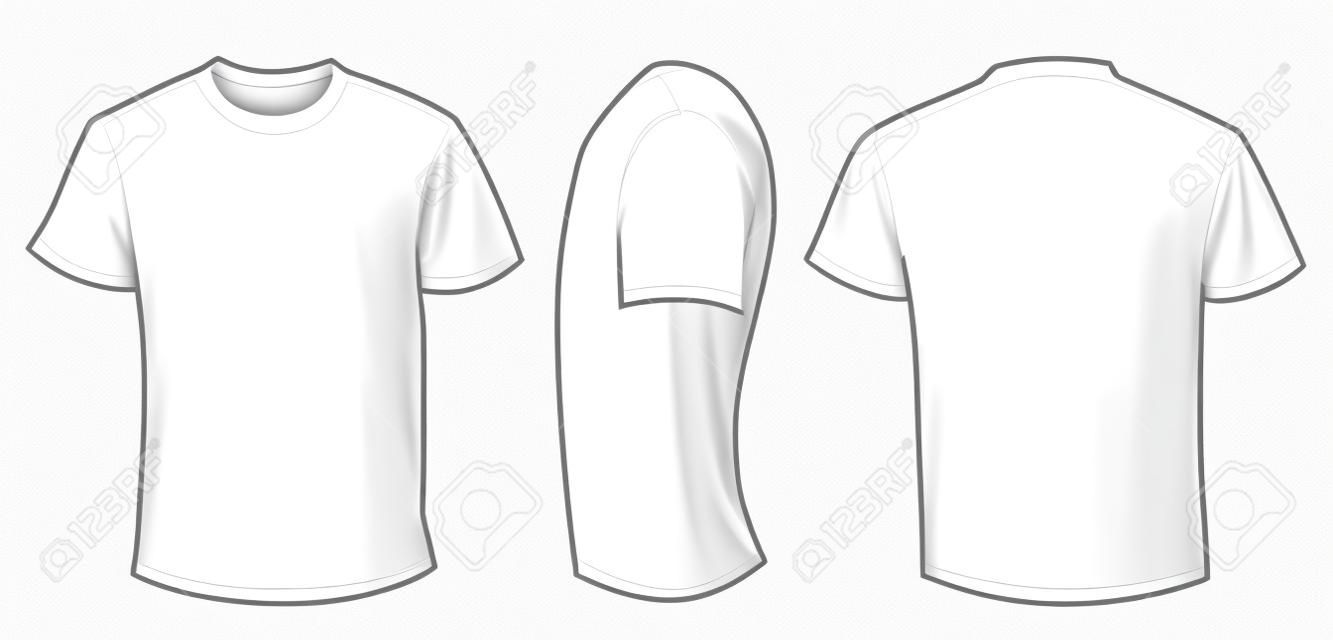 Vektor illusztráció üres fehér férfi póló sablon, elülső, oldalsó és hátsó kialakítás elszigetelt fehér