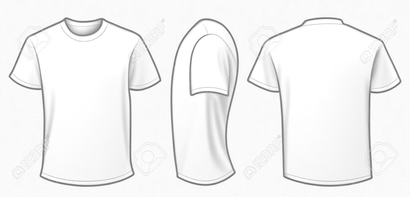 Vektor illusztráció üres fehér férfi póló sablon, elülső, oldalsó és hátsó kialakítás elszigetelt fehér