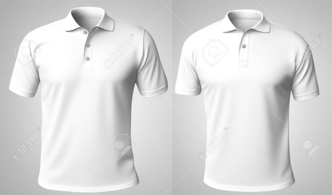 빈 칼라 셔츠는 흰색의 일반 티셔츠 모형으로 분리된 템플릿, 전면 및 후면 보기를 조롱합니다. 인쇄용 폴로 티셔츠 디자인 프레젠테이션.