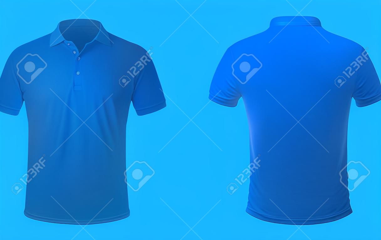 흰색의 일반 파란색 티셔츠 모형으로 분리된 빈 칼라 셔츠는 템플릿, 전면 및 후면 보기를 조롱합니다. 인쇄용 폴로 티셔츠 디자인 프레젠테이션.