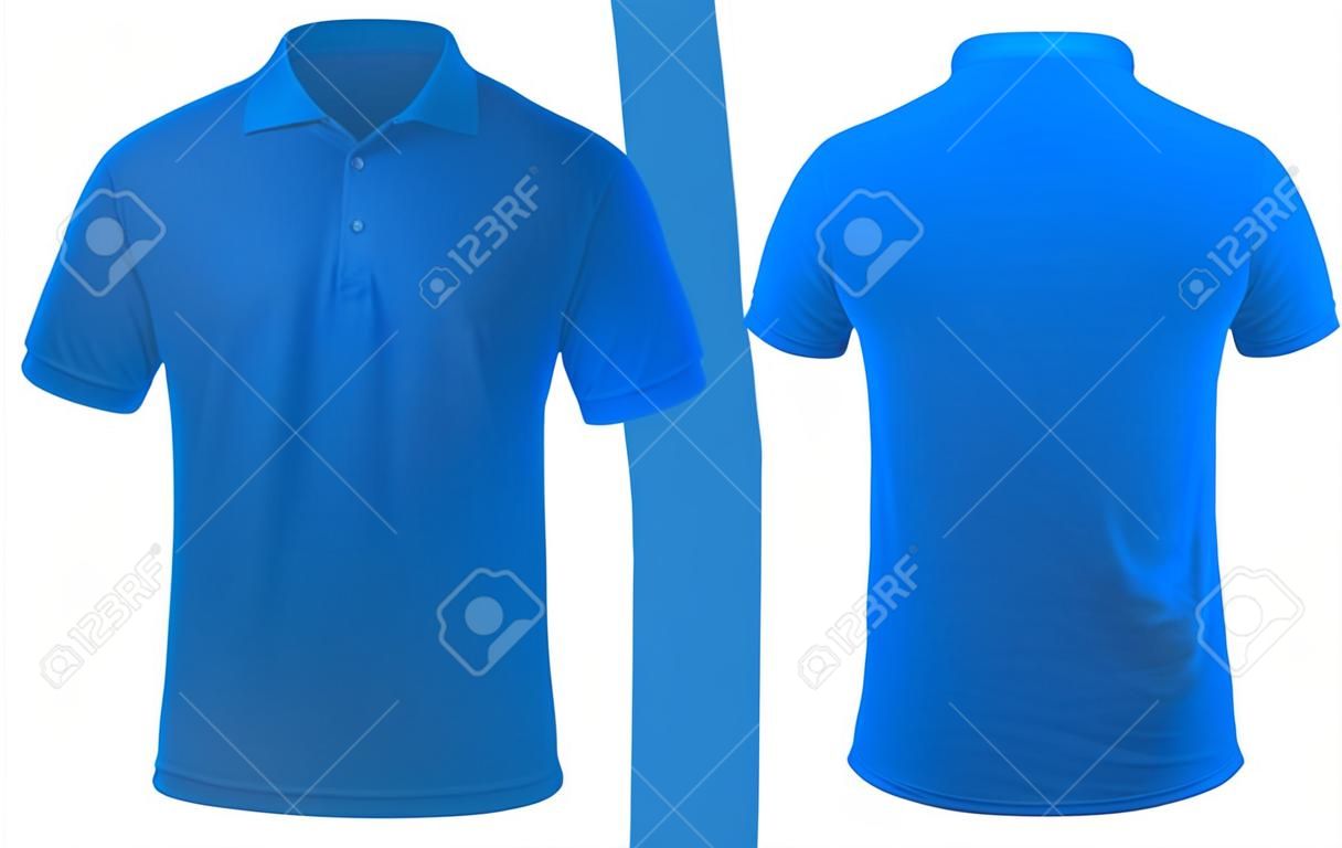Blank collared shirt mock up template, front and back view, isolated on white, plain blue t-shirt mockup. Polo tee design presentation for print.