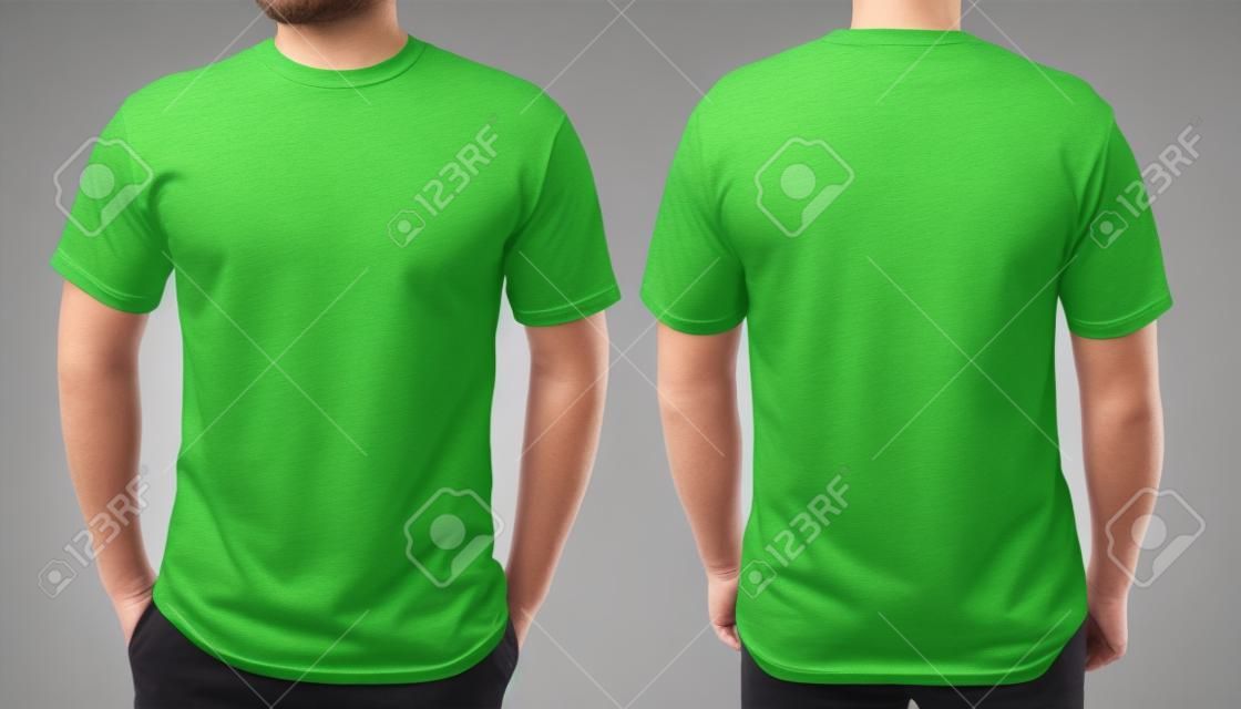 Green t-shirt mock up, front and back view, isolated. Male model wear plain green shirt mockup. Tshirt design template. Blank tee for print