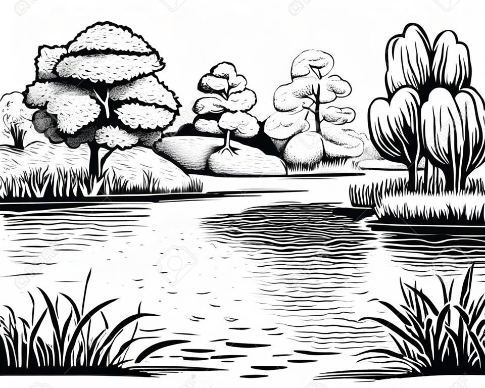 River vector landscape with trees and water plants, hand drawn illustration.