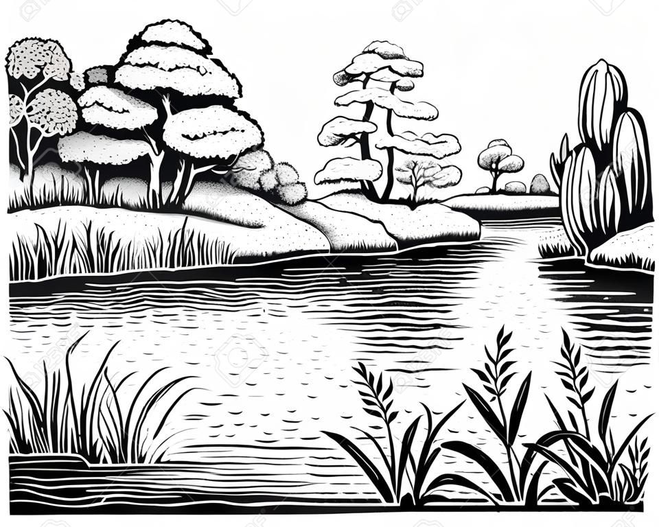 River vector landscape with trees and water plants, hand drawn illustration.