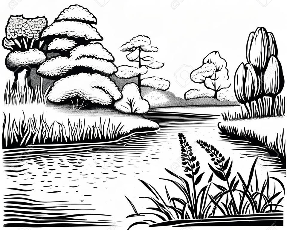 Fluss-Vektor-Landschaft mit Bäumen und Wasser Pflanzen, handgezeichnete Abbildung.