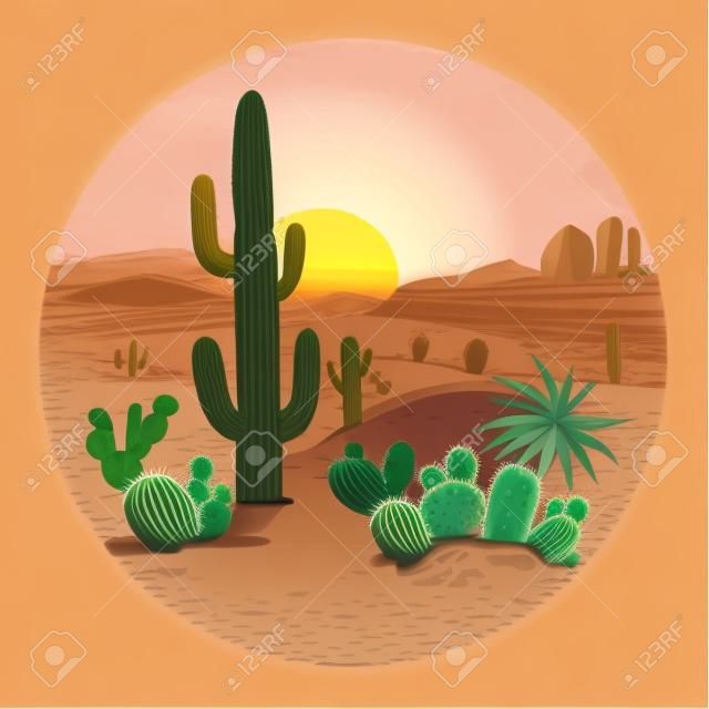 Círculo vectorial del desierto. Esbozo de paisaje occidental redondo con cactus, puesta de sol y rocas.