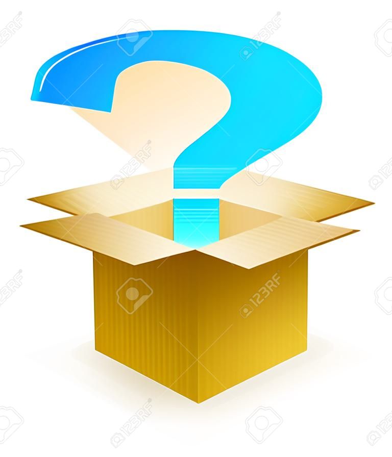 Blue Question Mark in shining light, floating out of a corrugated cardboard box  Labeled Global Color Swatches for ultra simple color editing  EPS10 Vector 