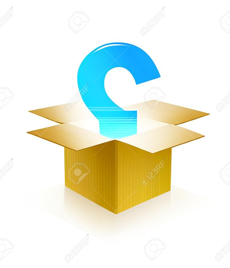 Signo de interrogación azul en la luz brillante, flotando fuera de una caja de cartón corrugado con etiquetas Muestras de color globales para el color de ultra sencillo de edición vectorial EPS10