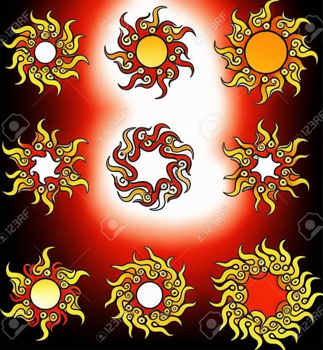 Tattoo Sun, Flamme Stammes- Entwurf Vektoren