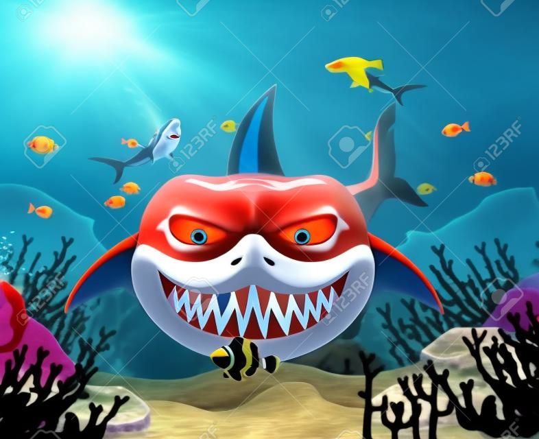 Cartoon shark attack clown fish underwater in ocean.