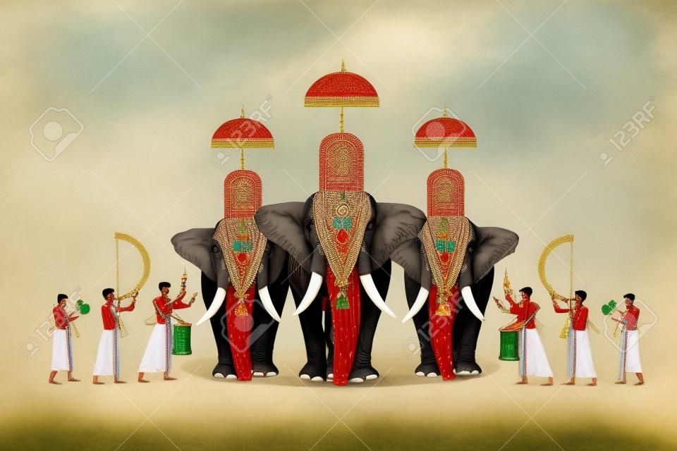 Ilustração do concurso do elefante com pessoas que jogam instrumentos da percussão. Uma cena do festival religioso de Kerala