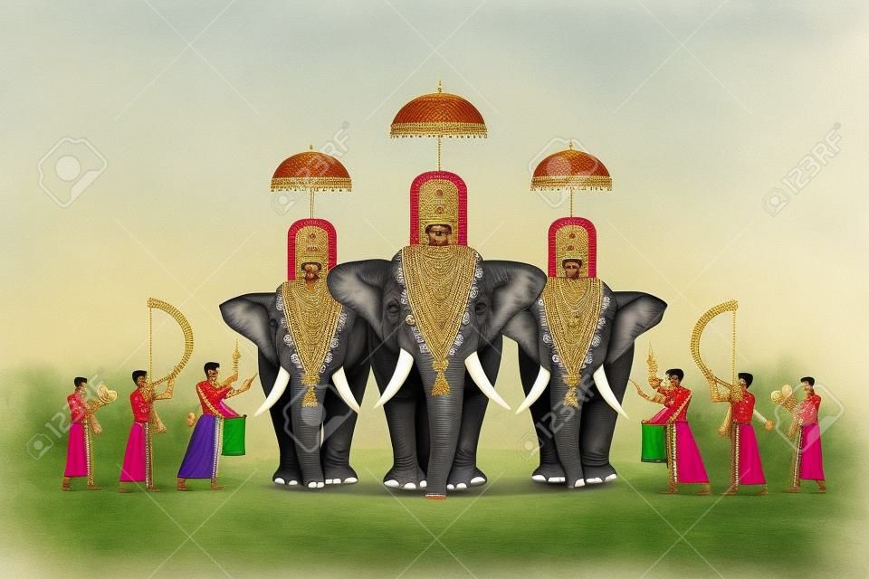 Ilustração do concurso do elefante com pessoas que jogam instrumentos da percussão. Uma cena do festival religioso de Kerala