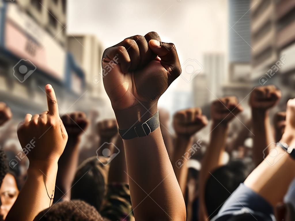 Close up hand of many people doing protest on the streets of the city. hand clenched fist. People with raised fists at a demonstration in the city.
