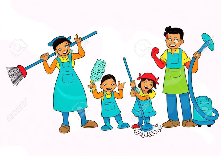 Desenhos animados da família do trabalho doméstico