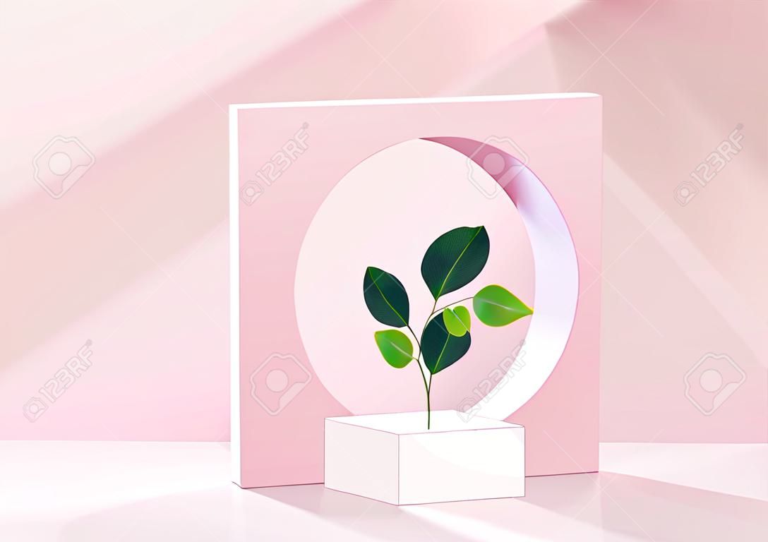 Cylinder abstract minimal scene with geometric platform. Summer background vector 3d rendering with podium. stand to show cosmetic products. Stage showcase on pedestal modern 3d studio pink pastel