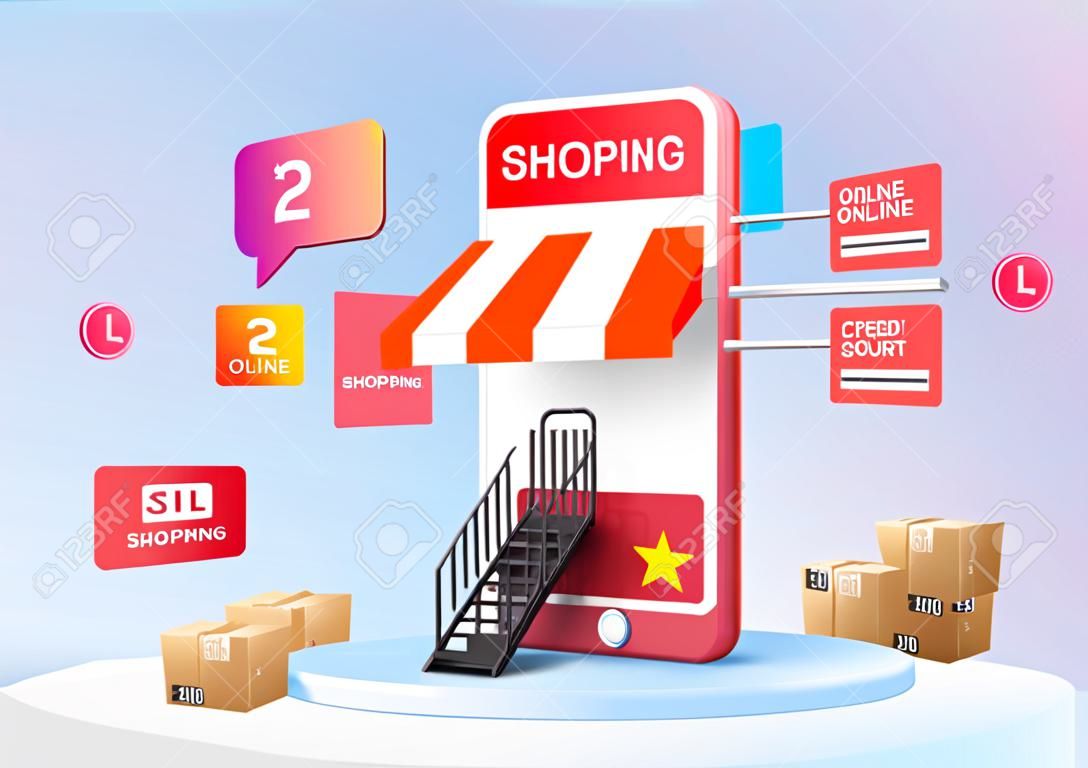 Boutique en ligne de shopping 3D à vendre, e-commerce mobile fond pastel rose 3d, boutique en ligne sur application mobile 24 heures sur 24. panier, carte de crédit. rendu vectoriel 3d de l'appareil de magasin en ligne d'achat minimal