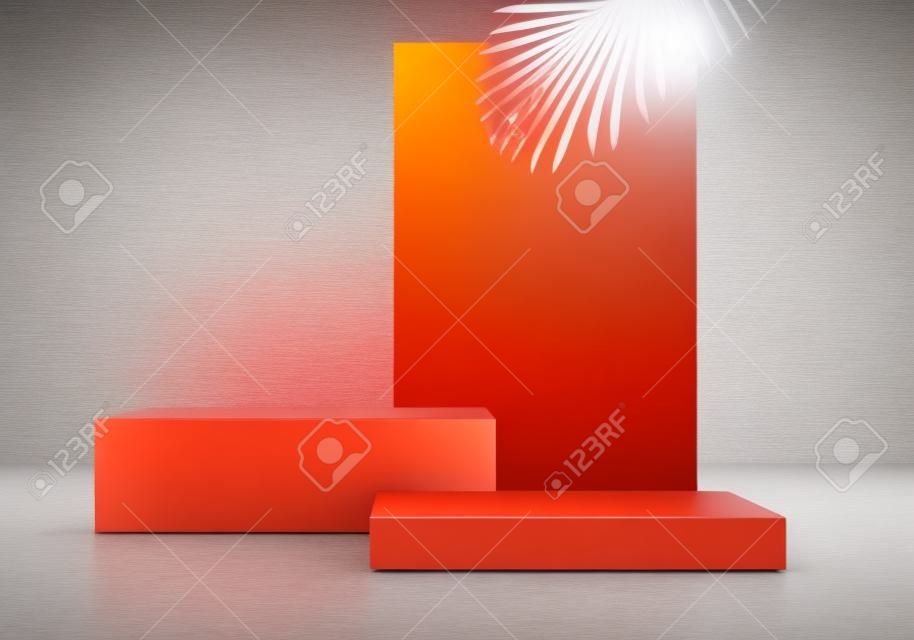 3d display product abstract minimal scene with geometric podium platform. cylinder background vector 3d rendering with podium. stand for cosmetic products. Stage showcase on pedestal 3d orange studio