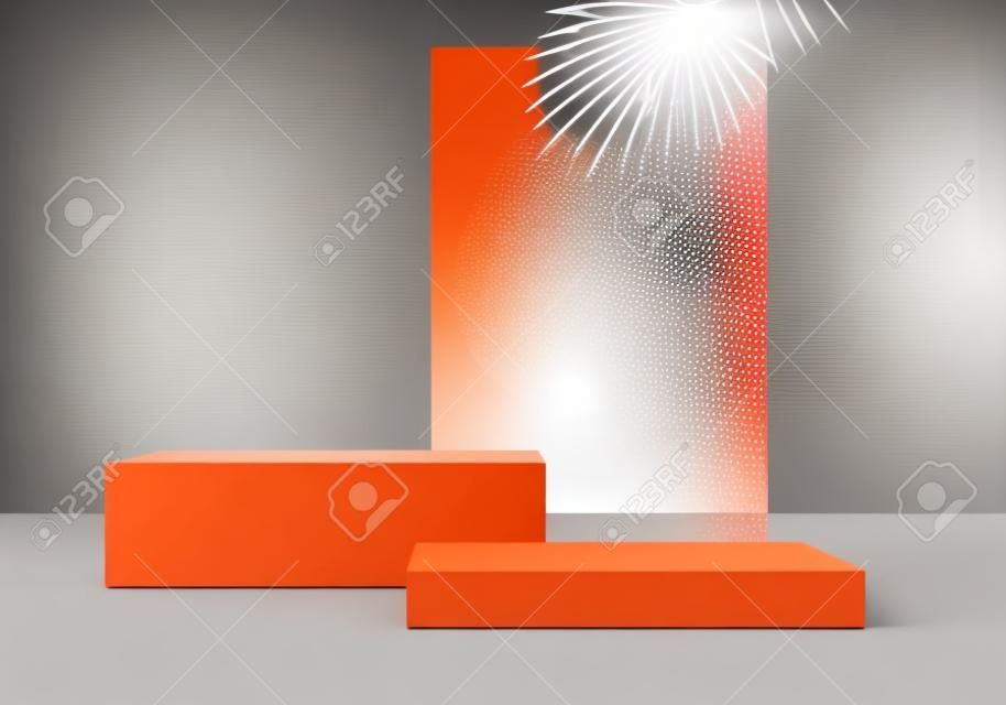 3d display product abstract minimal scene with geometric podium platform. cylinder background vector 3d rendering with podium. stand for cosmetic products. Stage showcase on pedestal 3d orange studio