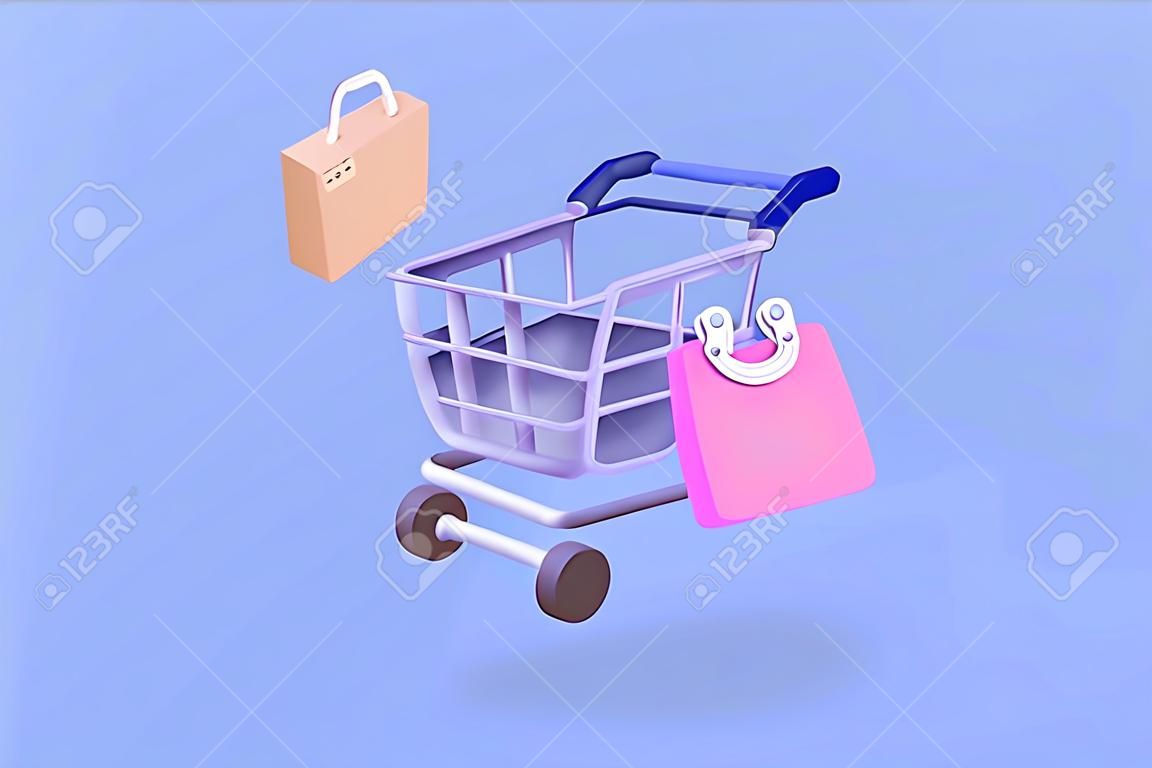 3D shopping cart with price tags for online shopping and digital marketing ideas. basket and promotional labels on purple background shopping bag buy sell discount 3d vector icon illustration