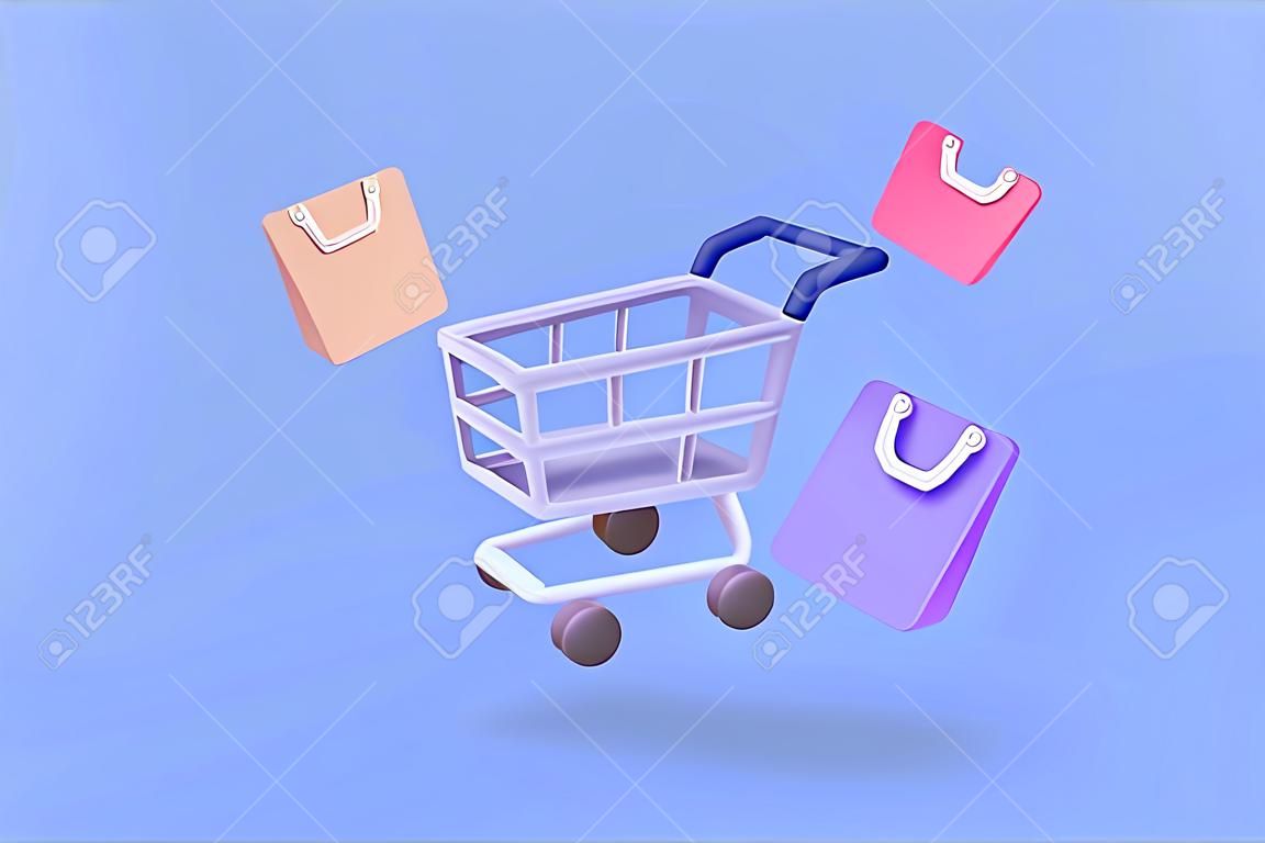 Carro de compras 3d con etiquetas de precios para compras en línea e ideas de marketing digital. cesta y etiquetas promocionales sobre fondo púrpura bolsa de compras comprar vender descuento 3d vector icono ilustración