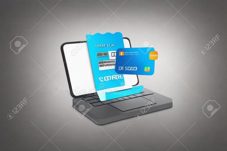 3d pay money with smart laptop banking online payment concept. Bill on notebook transaction with credit card. laptop with financial paper on background. 3d bill payment vector icon render illustration