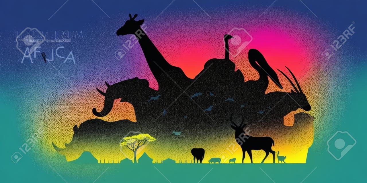 View of natural scenery, Beautiful Sky background, vector of realistic landscape for web. Black silhouette of animals, trees and natural on a colorful background. Illustration.African Wildlife Background. Natural Background. African savanna landscape. safari card. vector.