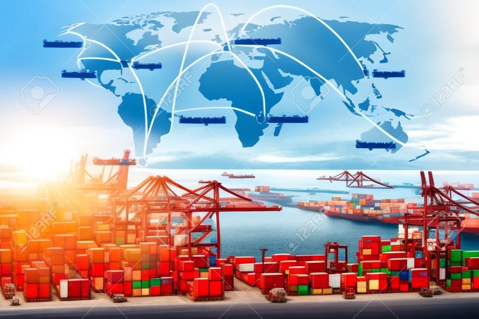 Térkép globális logisztikai partnerség kapcsolatot a Container teherszállító hajó logisztikai Import Export háttér, globális logisztikai hálózat közlekedési tengeri hajózás