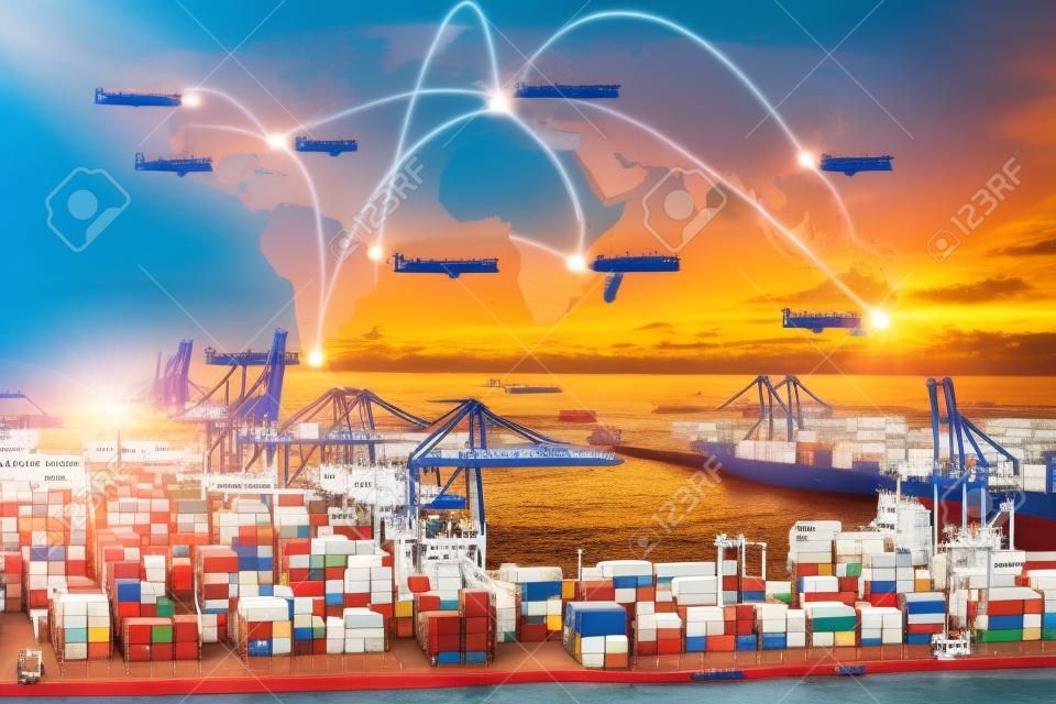 Térkép globális logisztikai partnerség kapcsolatot a Container teherszállító hajó logisztikai Import Export háttér, globális logisztikai hálózat közlekedési tengeri hajózás
