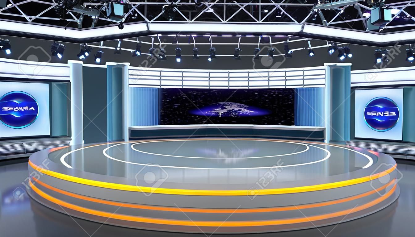 Virtual TV Studio News Set 35. Representación 3d. Estudio de plató virtual para secuencias cromáticas. donde lo desee, con una configuración simple, unos pocos pies cuadrados de espacio y un escenario virtual, puede transformar cualquier lugar