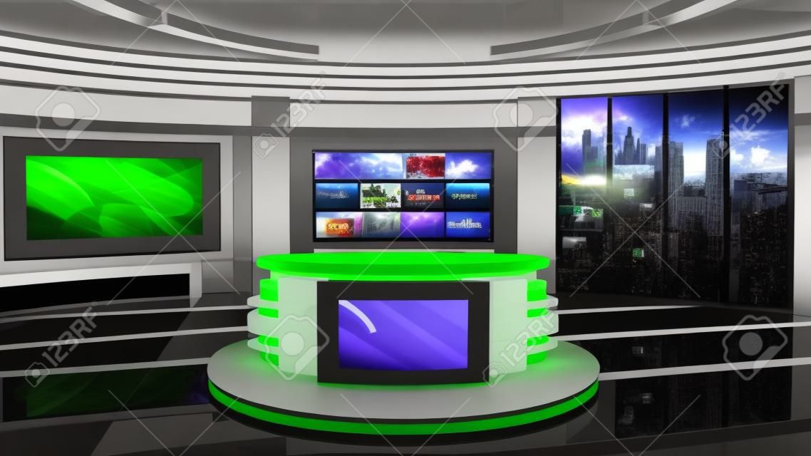 Virtual TV Studio News Set 27. Green-Screen-Hintergrund. 3D-Rendering. Virtuelles Set-Studio für Chroma-Aufnahmen. wo immer Sie wollen, mit einem einfachen Setup, ein paar Quadratmetern Platz und Virtual Set.