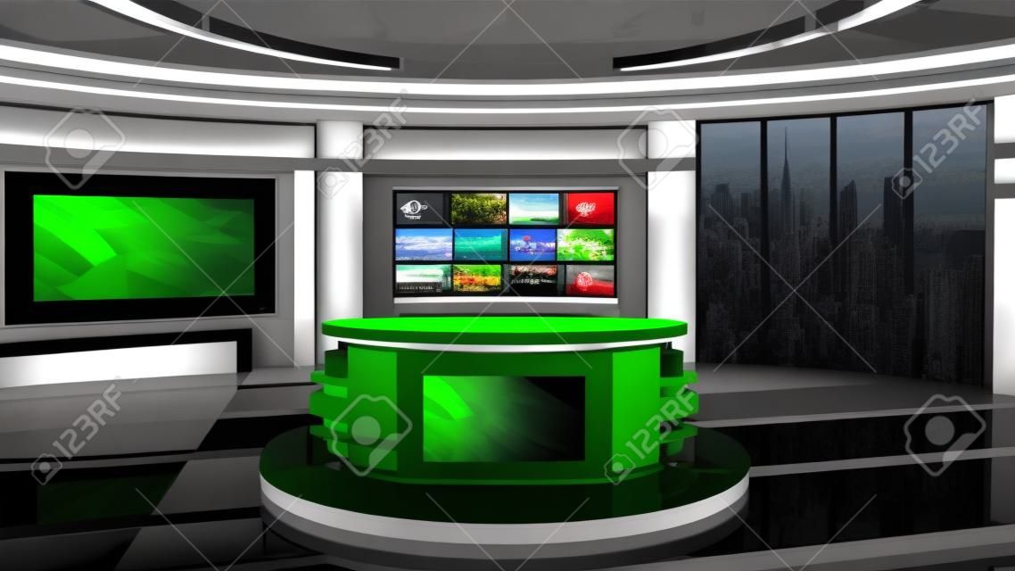 Virtual TV Studio News Set 27. Green-Screen-Hintergrund. 3D-Rendering. Virtuelles Set-Studio für Chroma-Aufnahmen. wo immer Sie wollen, mit einem einfachen Setup, ein paar Quadratmetern Platz und Virtual Set.