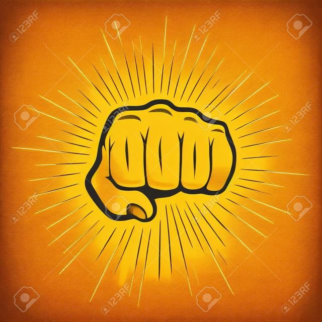 Fist with sunbursts in vintage style. Vector illustration