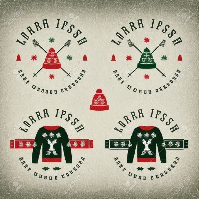 Vintage Merry Christmas or winter clothing shop logo, emblem, badge, label and watermark in retro style with sweaters, hats, scarfs, trees, stars, decor, deers and design elements. Vector illustration