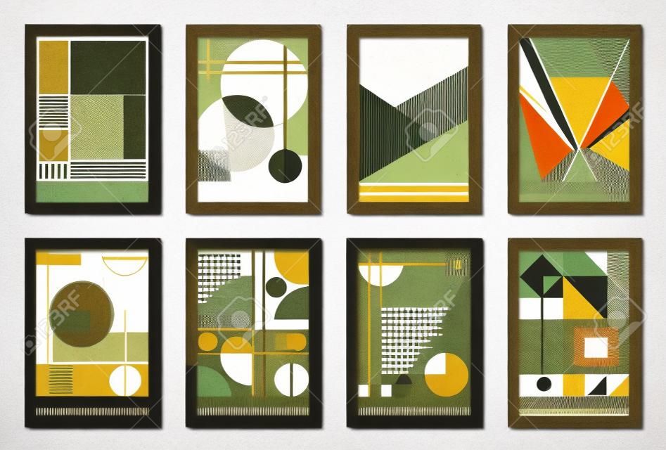8개의 최소 빈티지 20년대 기하학적 디자인 포스터, 벽 예술, 템플릿, 기본 모양 요소가 있는 레이아웃. 바우하우스 복고풍 패턴 배경, 벡터 추상 원, 삼각형 및 사각형 라인 아트