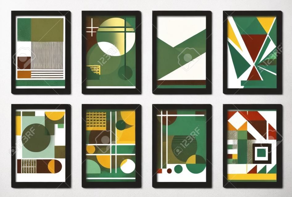 8개의 최소 빈티지 20년대 기하학적 디자인 포스터, 벽 예술, 템플릿, 기본 모양 요소가 있는 레이아웃. 바우하우스 복고풍 패턴 배경, 벡터 추상 원, 삼각형 및 사각형 라인 아트